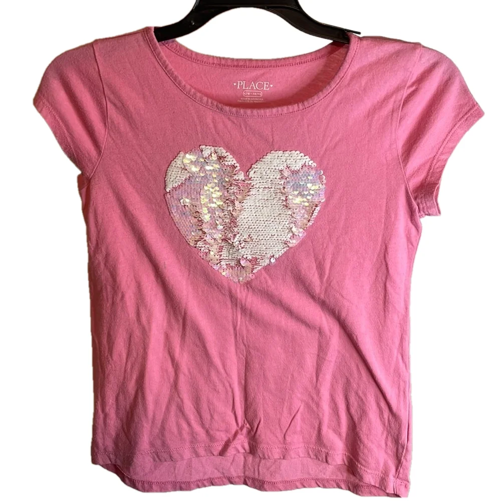 CHILDREN'S Place Pink Sequin Heart‎ Short Sleeve Large 10/12